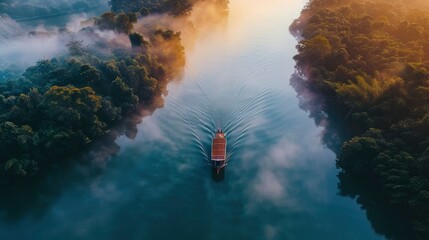 Fototapeta premium Serene river journey at dawn with a boat gliding through misty waters surrounded by lush greenery
