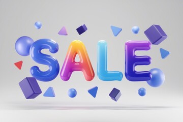 Naklejka premium Colorful 3D SALE text with vibrant gradient and floating geometric shapes.