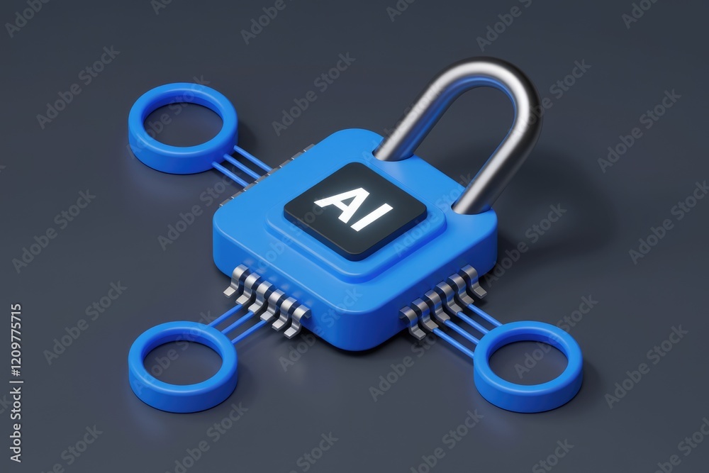 Poster AI secured chip with network connections, symbolizing data protection and artificial intelligence.