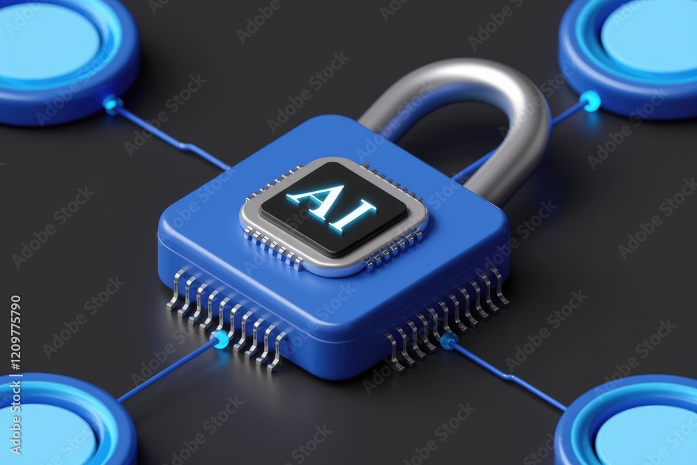 Poster ai secured chip, connected to a network, representing data protection and ai security.