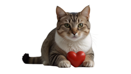 cute cat on a white background. the cat is holding a heart. background for the day of all lovers