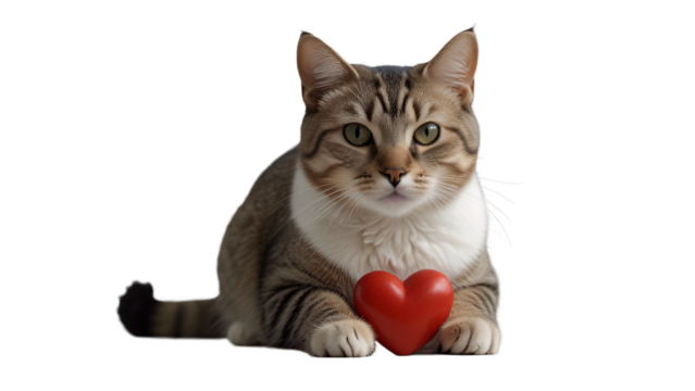 cute cat on a white background. the cat is holding a heart. background for the day of all lovers