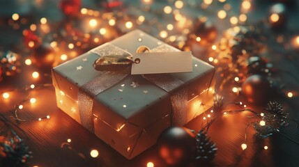 Gift box with a customizable tag, surrounded by festive lights and ribbons