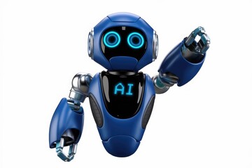 Friendly blue AI robot with glowing eyes, gesturing with one hand.