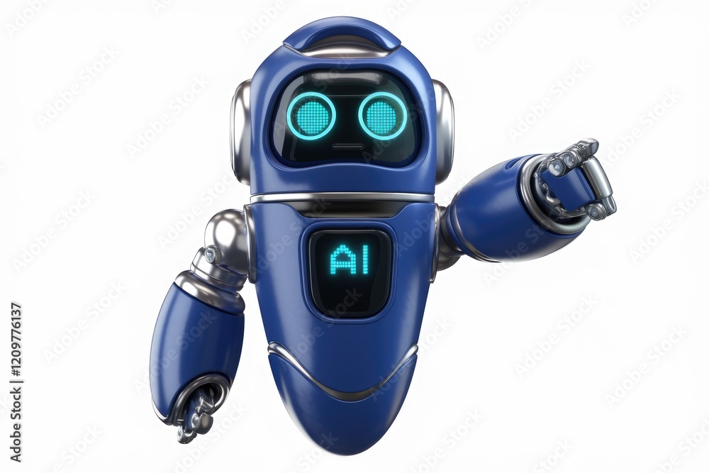 Poster a friendly blue ai robot with glowing eyes points, symbolizing artificial intelligence and technolog