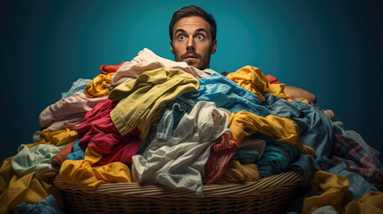 Obraz premium a distressed man looks overwhelmed by massive pile of colorful laundry, expressing frustration and surprise. chaotic scene captures struggle of managing household chores
