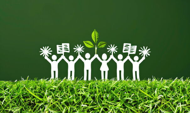 Creative representation of teamwork and sustainability with paper cutouts of diverse figures celebrating a green environment on a vibrant background