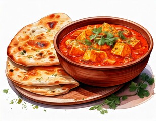A bowl of Paneer Tikka Masala with naan bread in a rustic wooden bowl.