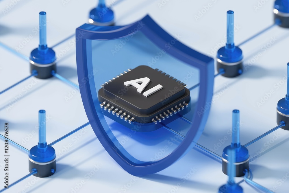 Poster ai chip secured within a network, protected by a shield, symbolizing ai security and safety.