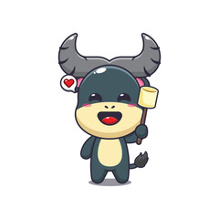 buffalo mascot cartoon character vector illustration eating marshmallow.