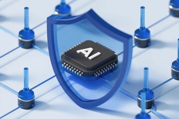 AI chip secured within a network, protected by a shield, symbolizing AI security and safety.