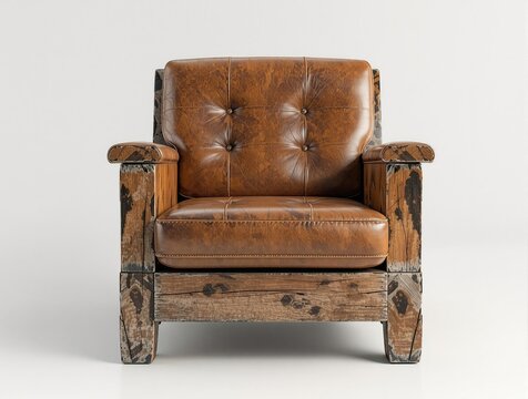 Distressed and vintage-inspired genuine leather upholstery on a reclaimed wood chair, bohemian vibe., reclaimed wood, old leather