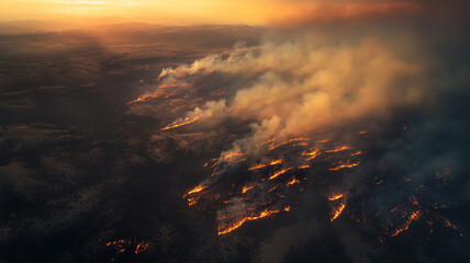 Naklejka premium 軽飛行機から空撮された点在するホットスポットが描く山火事の余波
