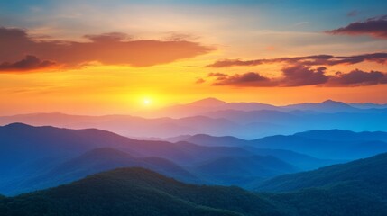 Obraz premium Beautiful sunrise over serene hills with soft clouds and golden light
