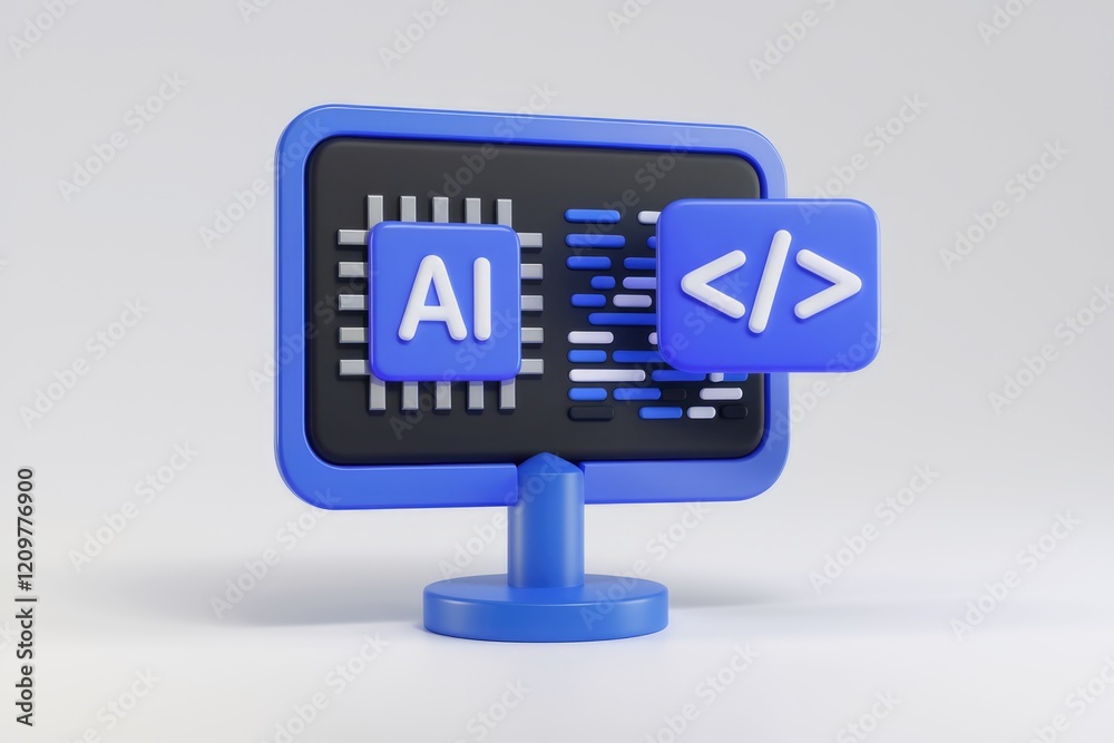 Fototapete AI and coding integration: a 3D model showing AI chip and code symbols on a screen.