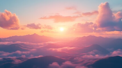 Obraz premium Beautiful sunrise over serene hills with soft clouds and golden light