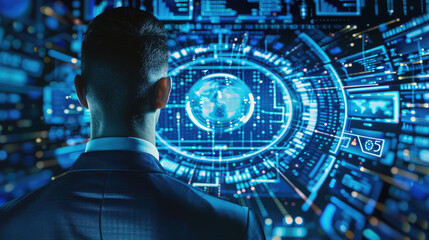 Businessman observing digital data visualization and cybersecurity interface, showcasing advanced technology and analytics in futuristic setting