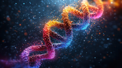 A DNA double helix floating in a dark background, with vibrant strands and glowing nucleotides