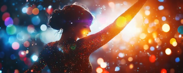 Sparkling dancer in a glittery outfit with rainbow lights and vibrant reflections, evoking a feeling of cosmic energy and celebration at a dazzling party or festival
