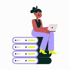 Female Character Sitting On Data Servers In Flat Vector Illustration Symbolizing Technology, Data Storage, And Digital Work, Isolated On White Background.