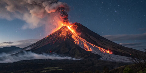 A Towering Volcano Spewing Molten Lava in a Dramatic Eruption
