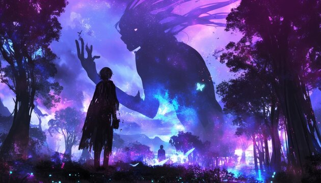 A lone figure encounters a colossal ethereal being within a mystical forest