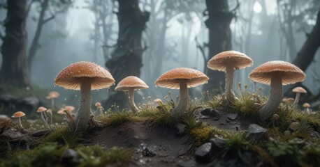 Ethereal fungal caps glowing softly in the misty atmosphere, fungi, ancient magic, foggy landscape