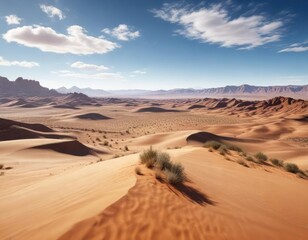 Naklejka premium Expansive desert panorama with rolling hills and blue sky, horizon, desert, scenic