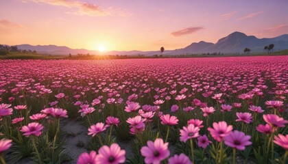 Field of pink flowers with sunset in the background , orange sky, sunset, blooming