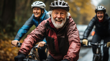 Happy elderly couple cycling together in autumn forest. Joyful moments shared on bikes, surrounded by colorful leaves. Perfect for showcasing active lifestyle and companionship