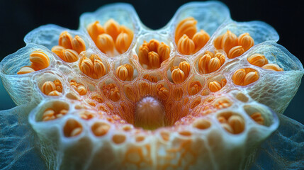 A cross-section of a sunflower seed head, magnified to display seed arrangement and vascular bundles