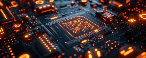 Obraz premium Ai diagnostics concept. A close-up view of a futuristic circuit board with glowing orange elements.