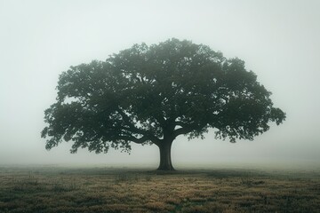 Old oak tree standing on the foggy field.