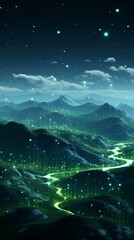 Obraz premium digital technology green glowing city landscape poster background