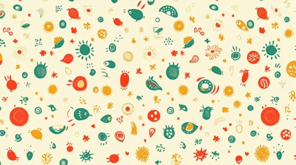 Abstract colorful pattern with various shapes and doodles on a light background.
