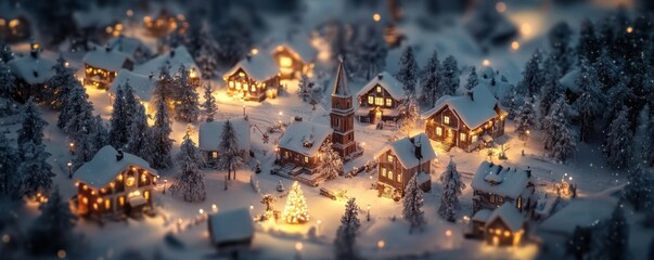Obraz premium Aerial view of a snowy village with glowing holiday lights, cozy winter scene.