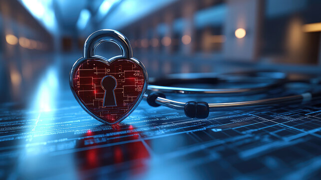 digital lock in shape of heart symbolizes security in healthcare, with stethoscope in background. This conveys importance of protecting patient information