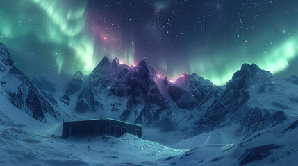 A breathtaking nighttime with the aurora borealis glowing in vivid green hues across a starry sky, snow-covered mountain range below with soft shadows highlighting its contours..