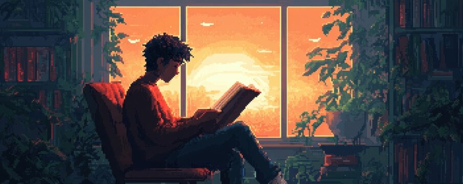 A pixel art illustration of a pixelated reader engrossed in a book, their mind transported to pixelated faraway lands and fantastical stories.