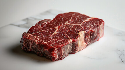 Fototapeta premium A raw beef steak, showcased on a spotless white background, boosting deep-red muscle fibers marbled with ribbons of white fat.