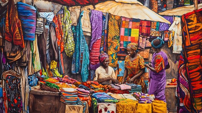 Colorful African Market Scene with Vibrant Textiles and Goods