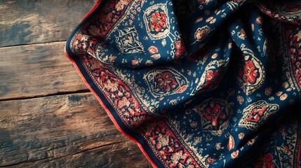 Vibrant Ajrakh Printed Fabric Draped Elegantly Over Wooden Surface