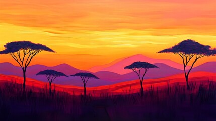 Vibrant Sunset Over the African Savannah with Silhouetted Trees