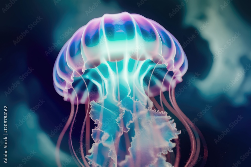 Poster A mesmerizing jellyfish, glowing with iridescent colors in the deep ocean.