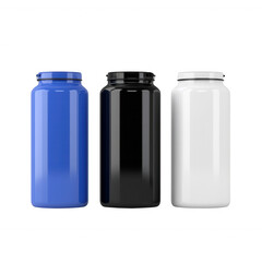 Three colorful jars, blue, black, and white, perfect for packaging or storage.
