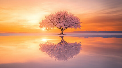 朝焼けに映る桜と塩湖の静寂な風景