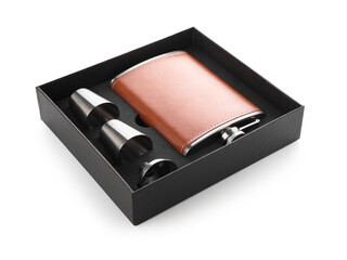 Hip flask, cups and funnel in package isolated on white