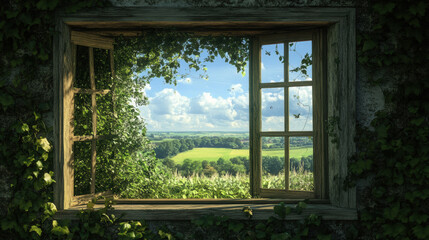 Fototapeta premium Countryside Window views blue sky natural nature landscape scene scenery wallpaper backdrop