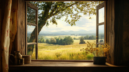 Fototapeta premium Countryside Window views meadow view window natural nature landscape scene scenery wallpaper backdrop