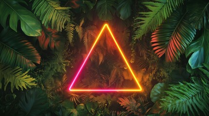 Neon triangle frame in the middle of tropical leaves and ferns, dark background, colorful neon lights, vibrant colors
